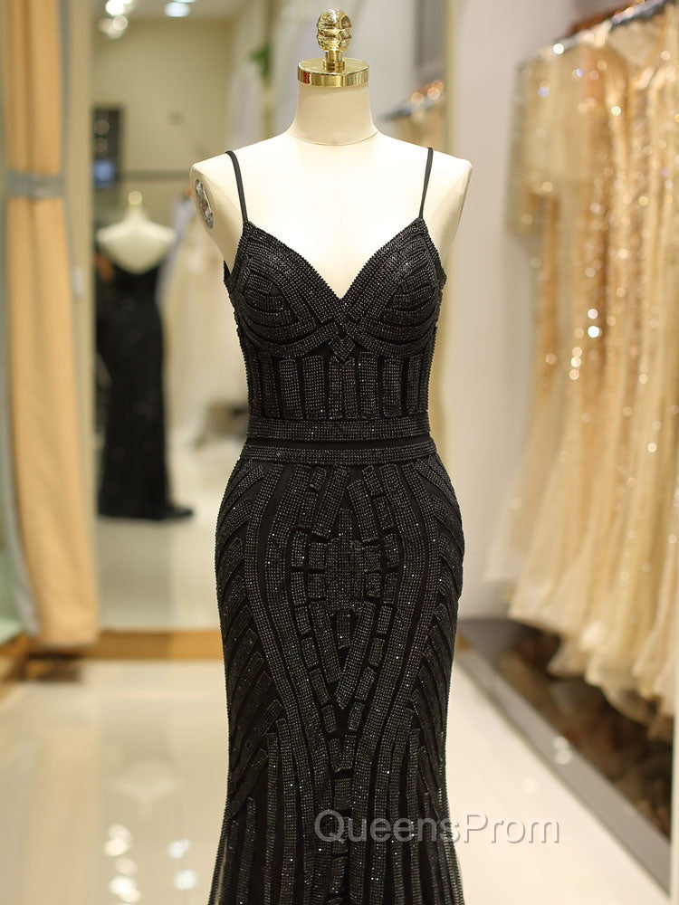 Gorgeous Black Evening Dress Mermaid Luxury Heavy Beaded Straps Long Evening Dress