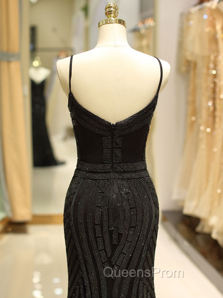 Gorgeous Black Evening Dress Mermaid Luxury Heavy Beaded Straps Long Evening Dress