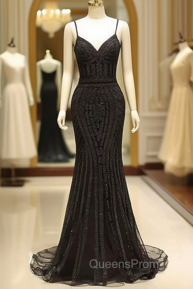 Gorgeous Black Evening Dress Mermaid Luxury Heavy Beaded Straps Long Evening Dress Main image