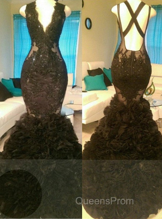 Gorgeous Black Mermaid V-Neck Tulle Appliques Open-Back Evening Prom Party Gowns