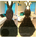 Gorgeous Black Mermaid V-Neck Tulle Appliques Open-Back Evening Prom Party Gowns
