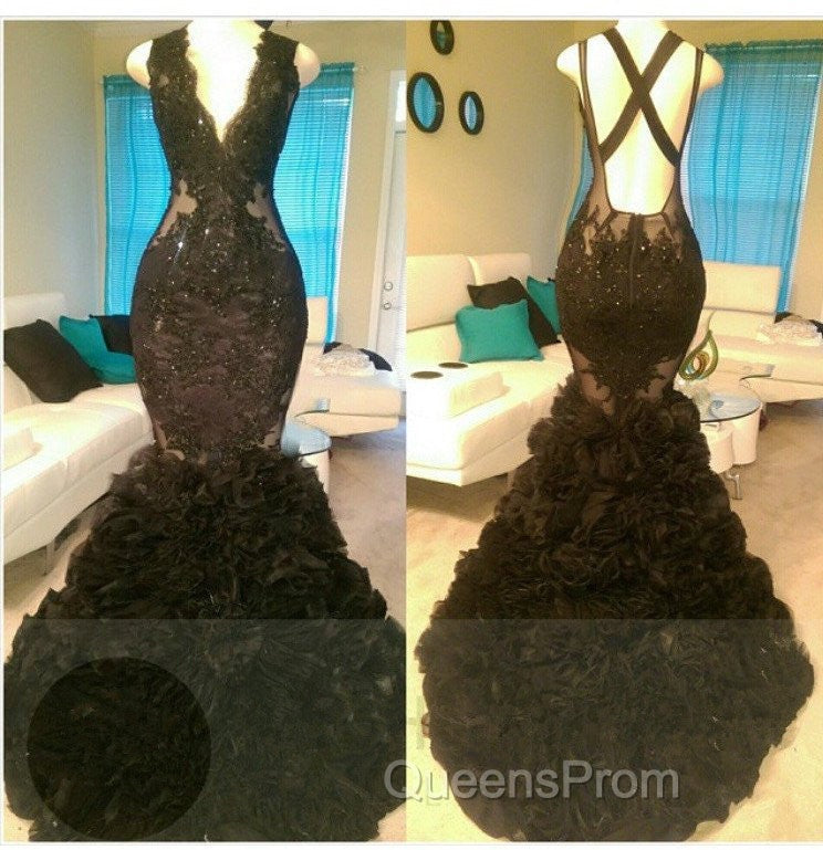 Gorgeous Black Mermaid V-Neck Tulle Appliques Open-Back Evening Prom Party Gowns