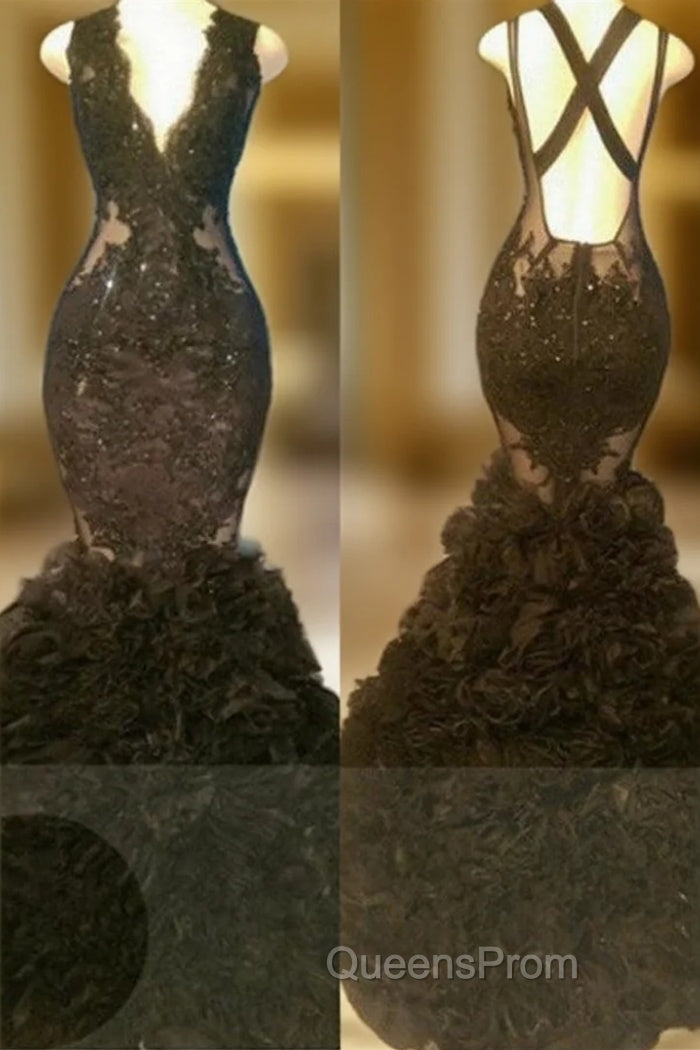 Gorgeous Black Mermaid V-Neck Tulle Appliques Open-Back Evening Prom Party Gowns Main image