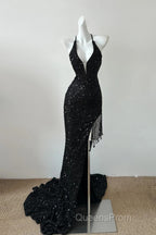 Gorgeous Black Sequin Mermaid Spaghetti Strap Vling Long Evening Prom Dress Backless Formal Evening Dress