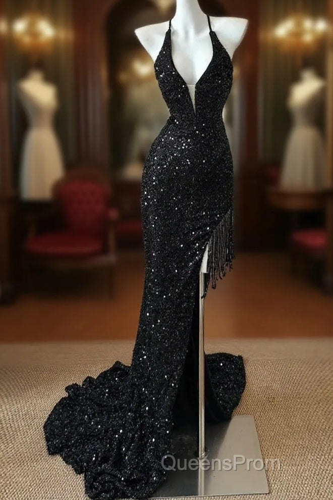 Gorgeous Black Sequin Mermaid Spaghetti Strap Vling Long Evening Prom Dress Backless Formal Evening Dress Main image