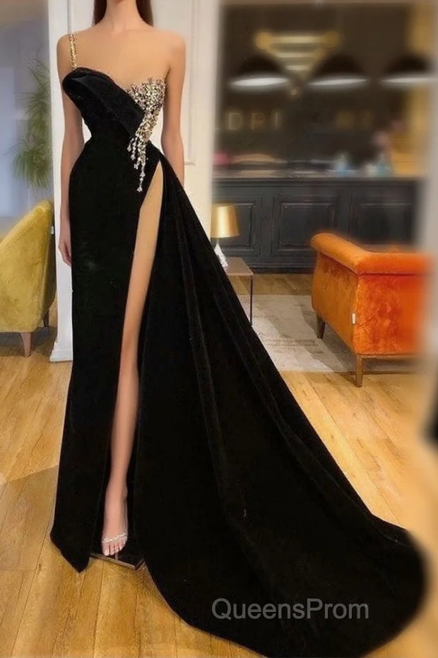 Gorgeous Black Split Front One Shoulder Evening Prom Dress With Beading Main image