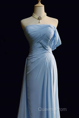 Gorgeous Blue A-Line Chiffon Pleated One Shoulder Slit Long Evening Gown Ball Gown Wedding Dress