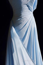 Gorgeous Blue A-Line Chiffon Pleated One Shoulder Slit Long Evening Gown Ball Gown Wedding Dress