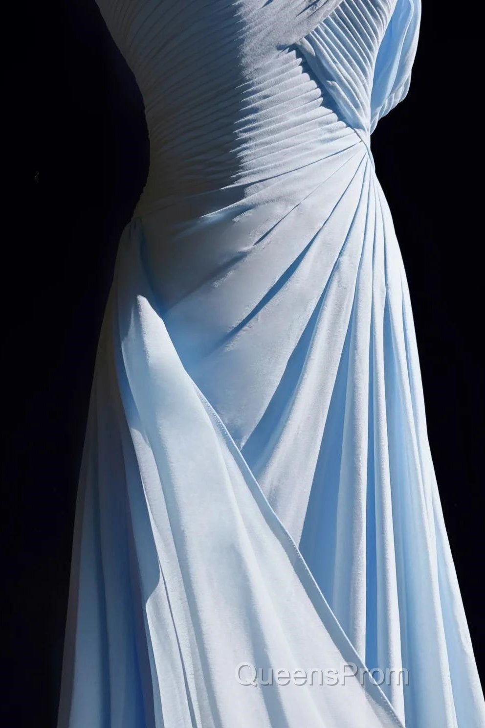 Gorgeous Blue A-Line Chiffon Pleated One Shoulder Slit Long Evening Gown Ball Gown Wedding Dress