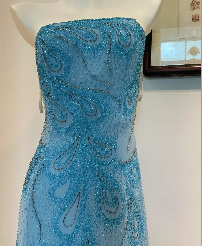 Gorgeous Blue A-Line Strapless Beaded Chiffon Long Classy Prom Dress