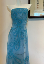 Gorgeous Blue A-Line Strapless Beaded Chiffon Long Classy Prom Dress