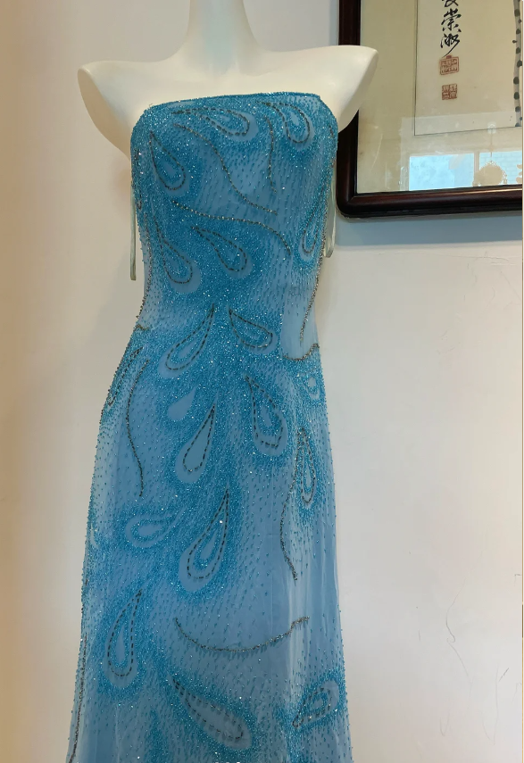 Gorgeous Blue A-Line Strapless Beaded Chiffon Long Classy Prom Dress