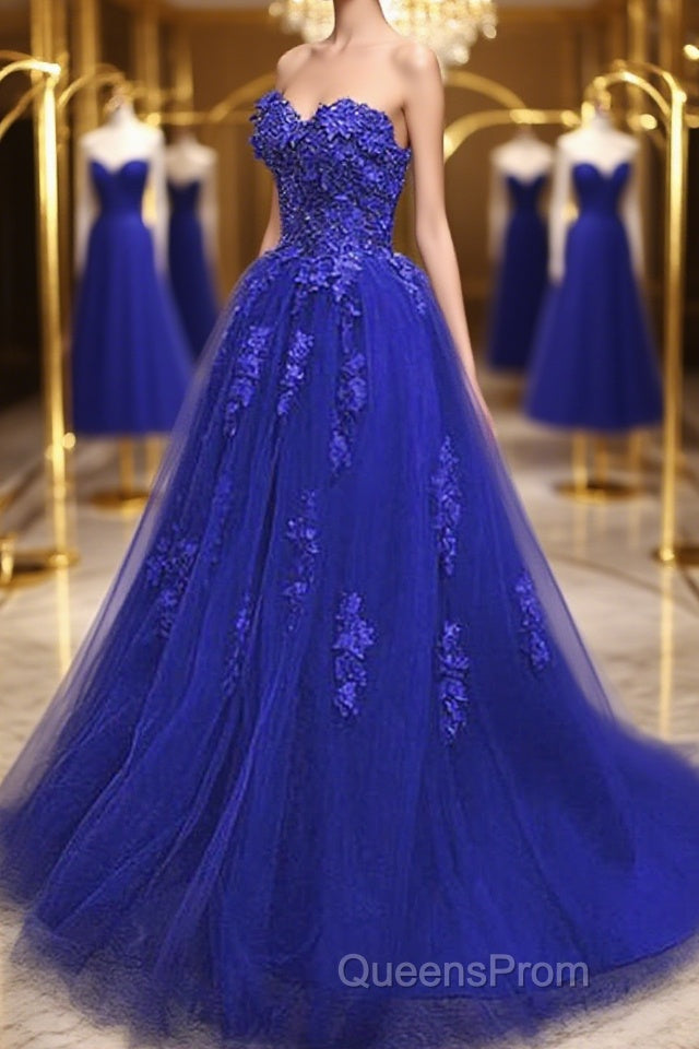 Gorgeous Blue Lace Floral Long Evening Prom Dress, Blue Appliques Formal Evening Dress, Blue Ball Gown Main image
