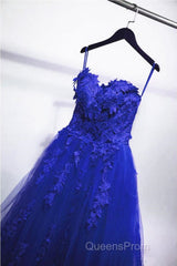 Gorgeous Blue Lace Floral Long Evening Prom Dress, Blue Appliques Formal Evening Dress, Blue Ball Gown