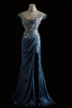 Gorgeous Blue Off-Shoulder Sequined 3D Floral Satin Long Classy Prom Dress
