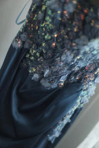 Gorgeous Blue Off-Shoulder Sequined 3D Floral Satin Long Classy Prom Dress