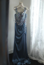 Gorgeous Blue Off-Shoulder Sequined 3D Floral Satin Long Classy Prom Dress