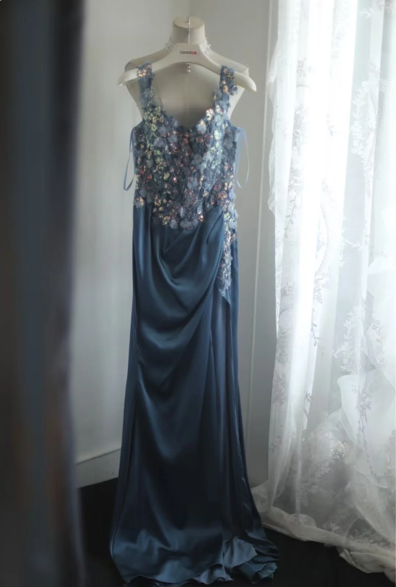 Gorgeous Blue Off-Shoulder Sequined 3D Floral Satin Long Classy Prom Dress