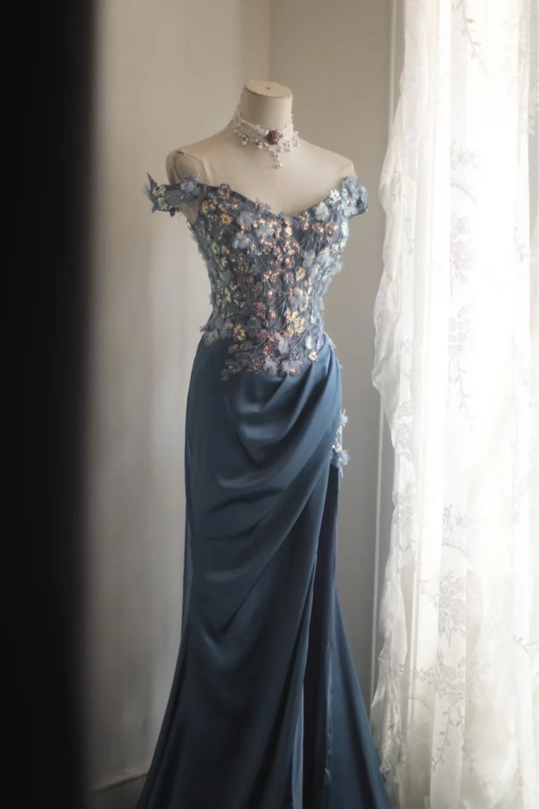 Gorgeous Blue Off-Shoulder Sequined 3D Floral Satin Long Classy Prom Dress