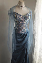 Gorgeous Blue Off-Shoulder Sequined 3D Floral Satin Long Classy Prom Dress