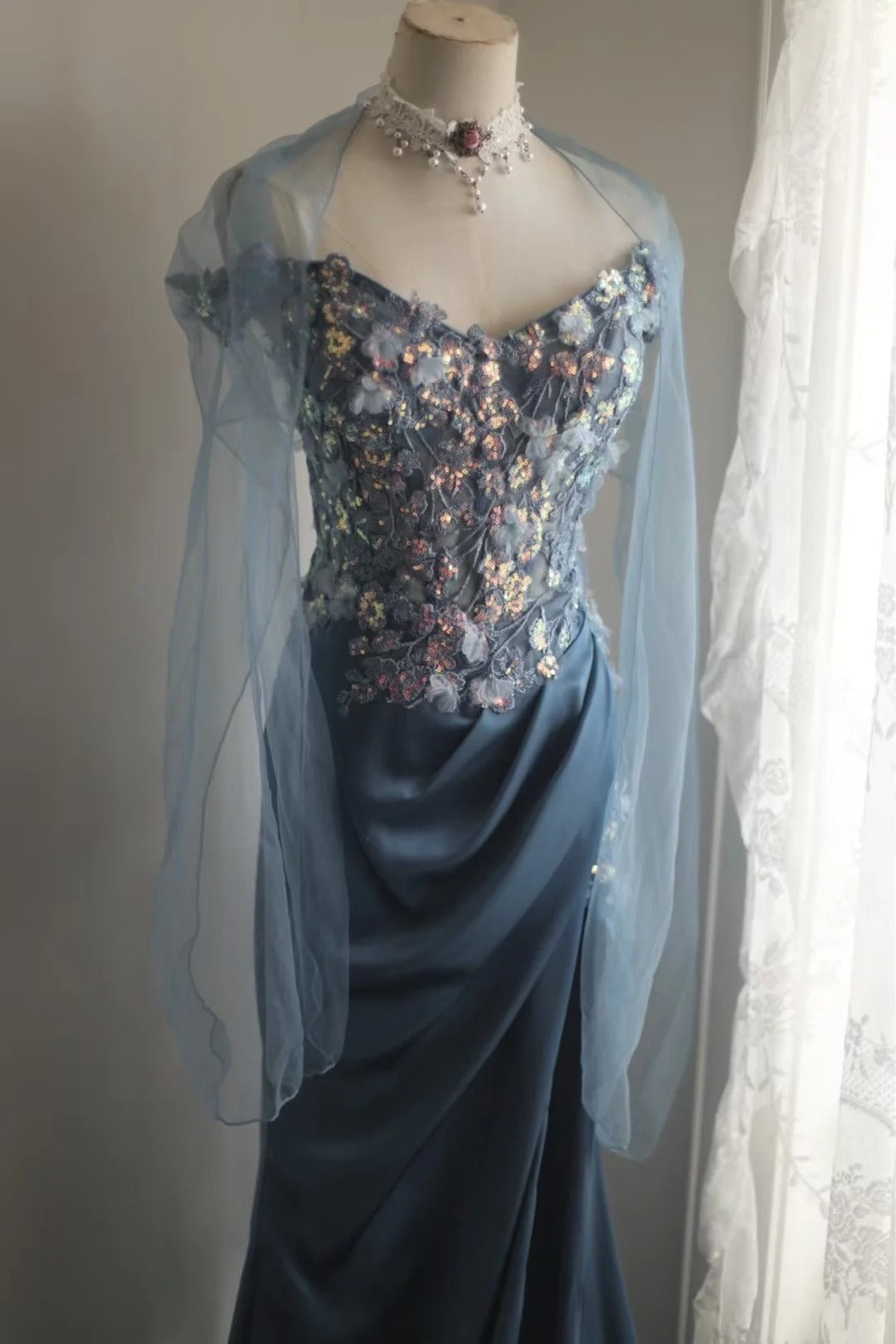 Gorgeous Blue Off-Shoulder Sequined 3D Floral Satin Long Classy Prom Dress