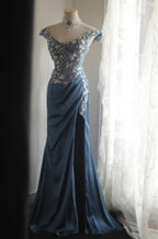 Gorgeous Blue Off-Shoulder Sequined 3D Floral Satin Long Classy Prom Dress
