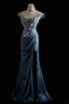 Gorgeous Blue Off-Shoulder Sequined 3D Floral Satin Long Classy Prom Dress