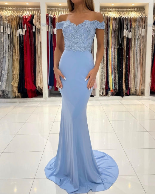 Gorgeous Blue Off-The-Shoulder Mermaid Prom Dresses With Lace Secondary image