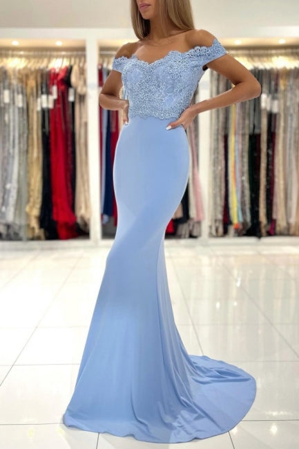 Gorgeous Blue Off-The-Shoulder Mermaid Prom Dresses With Lace