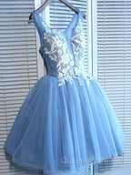 Gorgeous Blue Short Homecoming Dress V-Neck Lace-Up Hoco Dress