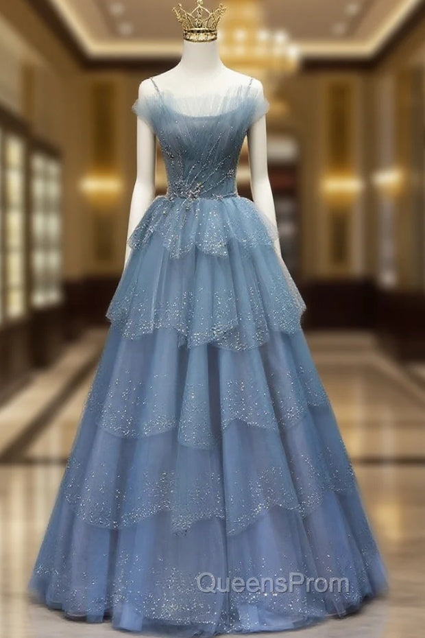Gorgeous Blue Tulle Layers Beaded Long Wedding Party Dress, Blue Evening Gown Secondary image