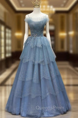 Gorgeous Blue Tulle Layers Beaded Long Wedding Party Dress, Blue Evening Gown