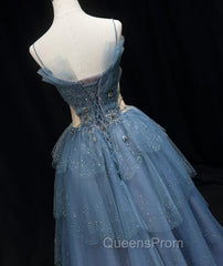 Gorgeous Blue Tulle Layers Beaded Long Wedding Party Dress, Blue Evening Gown