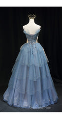 Gorgeous Blue Tulle Layers Beaded Long Wedding Party Dress, Blue Evening Gown