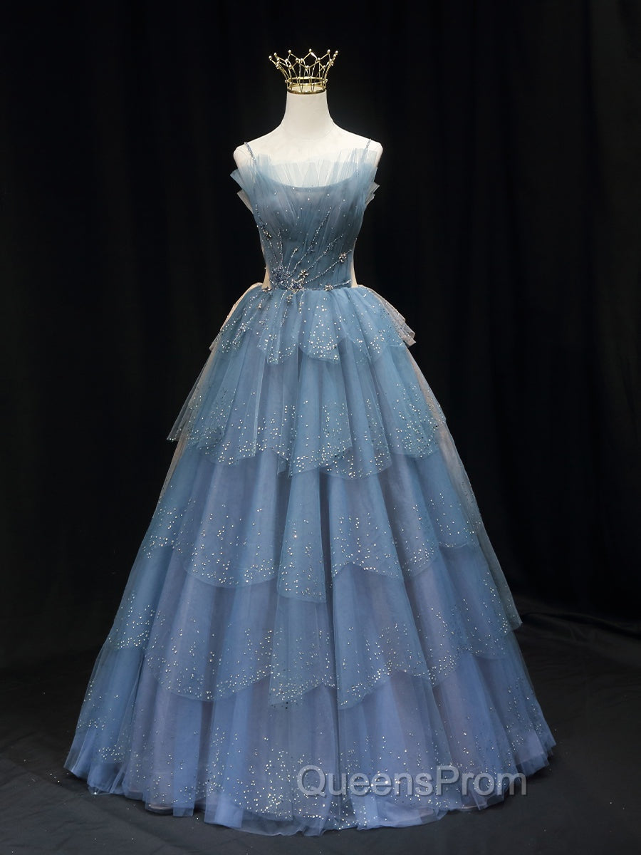 Gorgeous Blue Tulle Layers Beaded Long Wedding Party Dress, Blue Evening Gown Main image