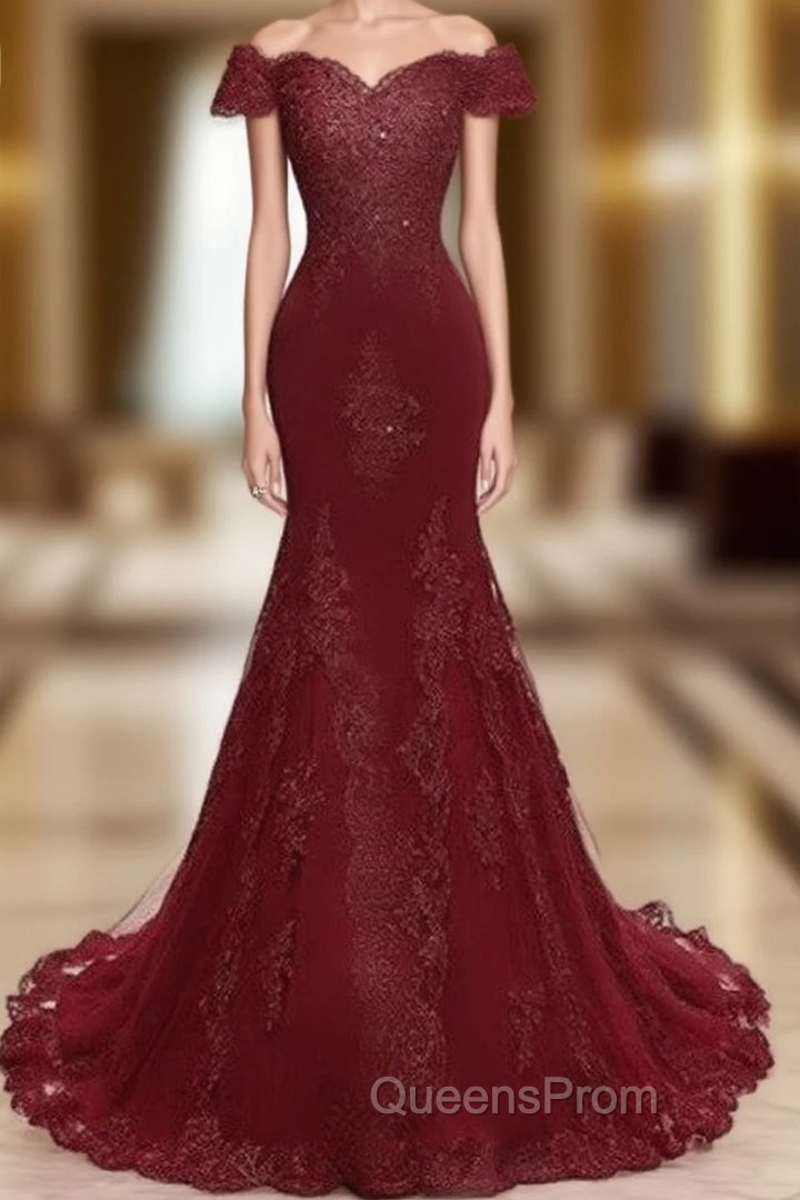 Gorgeous Burgundy Evening Prom Party Gowns| Mermaid Lace Evening Gowns Main image