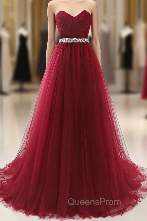 Gorgeous Burgundy Sweetheart Long Evening Prom Dress Tulle Crystal Evening Gown Main image