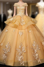 Gorgeous Champagne Ball Gown Sweet 16 Gown with Lace, Flowers Lace Evening Dress