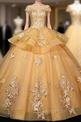 Gorgeous Champagne Ball Gown Sweet 16 Gown with Lace, Flowers Lace Evening Dress