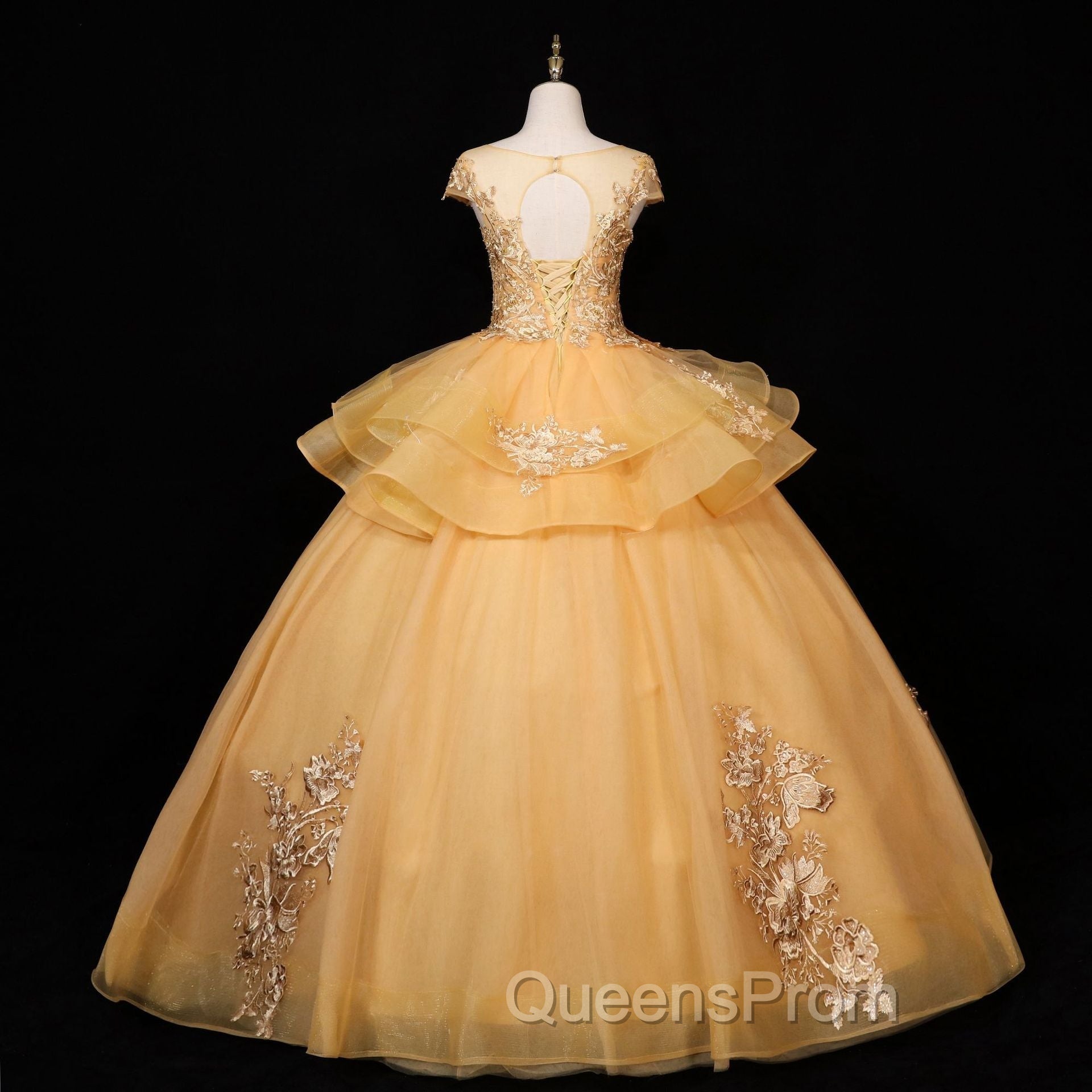 Gorgeous Champagne Ball Gown Sweet 16 Gown with Lace, Flowers Lace Evening Dress