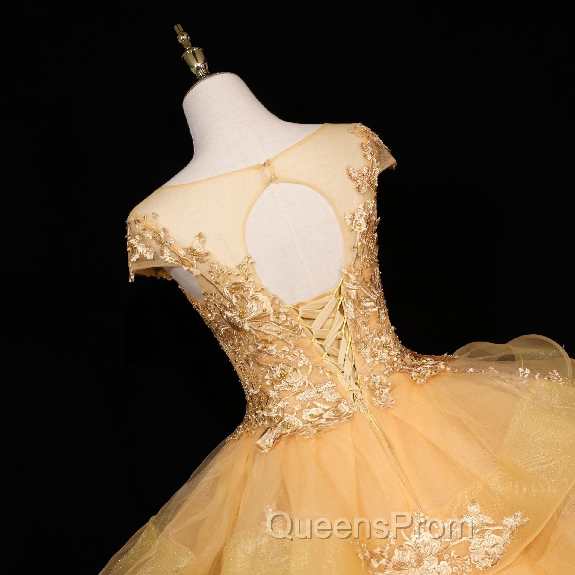 Gorgeous Champagne Ball Gown Sweet 16 Gown with Lace, Flowers Lace Evening Dress