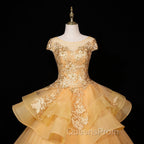 Gorgeous Champagne Ball Gown Sweet 16 Gown with Lace, Flowers Lace Evening Dress