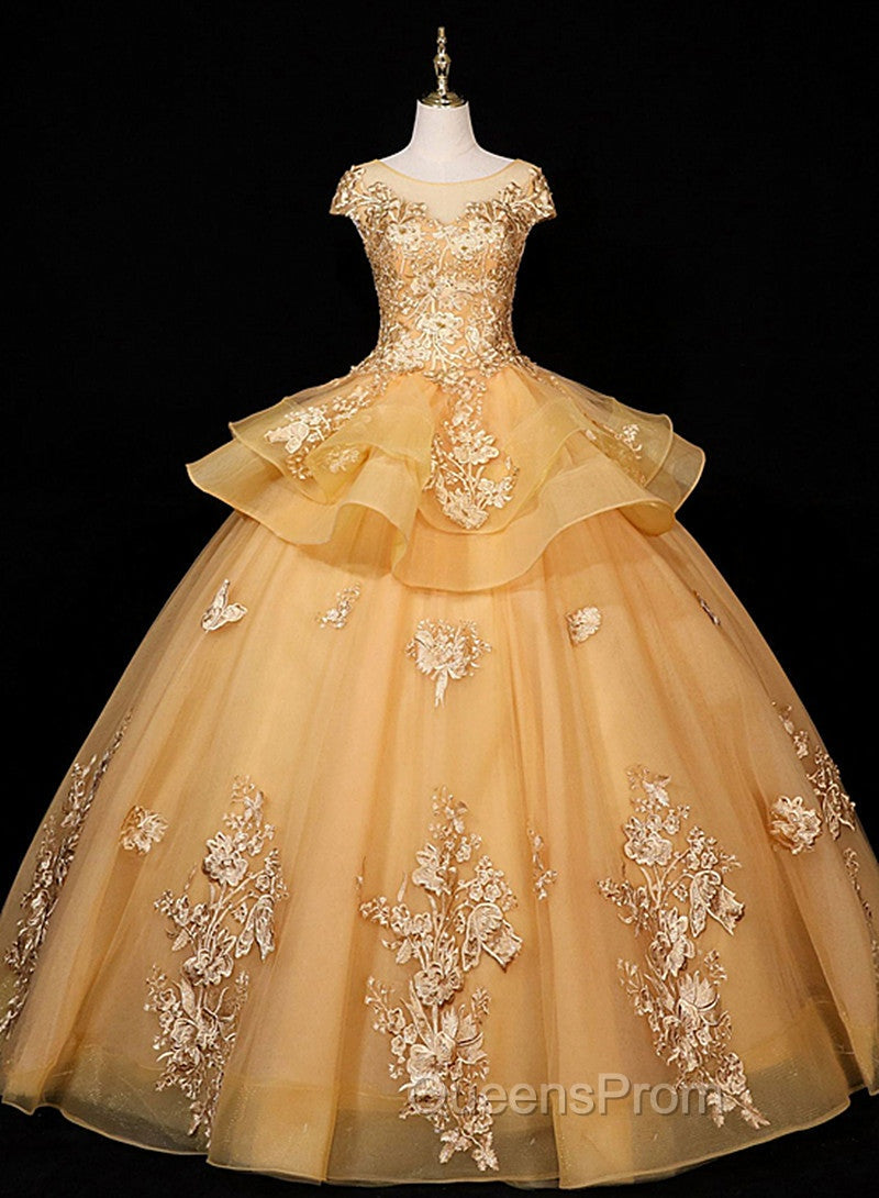 Gorgeous Champagne Ball Gown Sweet 16 Gown with Lace, Flowers Lace Evening Dress Main image
