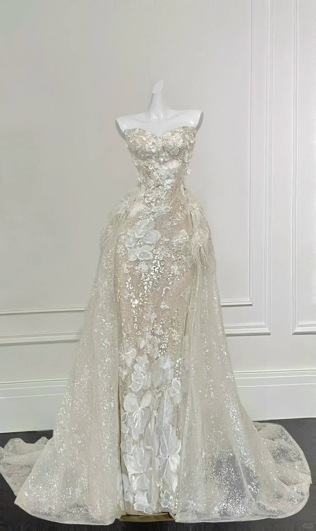 Gorgeous Champagne Gold Mermaid Strapless Sequined 3D Flower Tulle Wedding Dress With Train Main image
