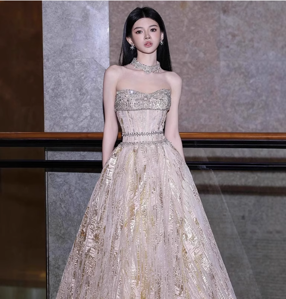 Gorgeous Champagne Gold Strapless A-Line Beaded Tulle Long Classy Prom Dress Secondary image