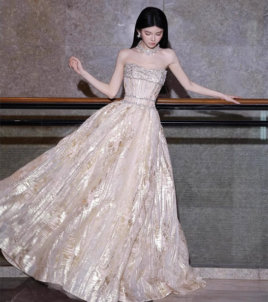 Gorgeous Champagne Gold Strapless A-Line Beaded Tulle Long Classy Prom Dress