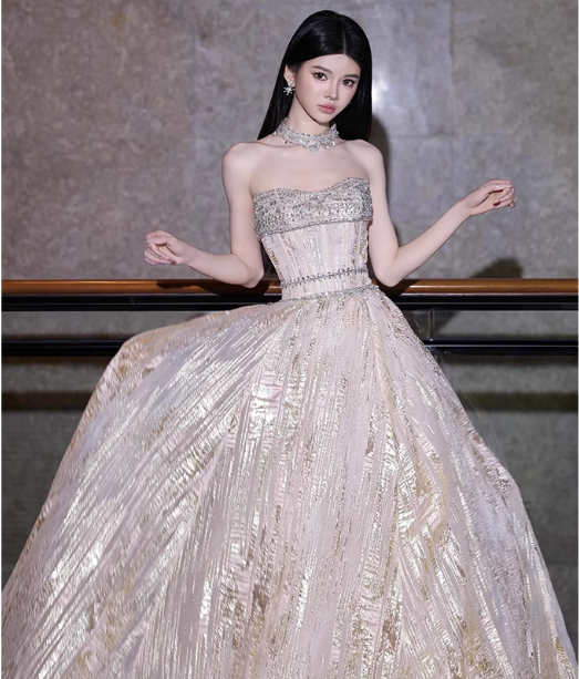Gorgeous Champagne Gold Strapless A-Line Beaded Tulle Long Classy Prom Dress