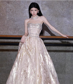 Gorgeous Champagne Gold Strapless A-Line Beaded Tulle Long Classy Prom Dress