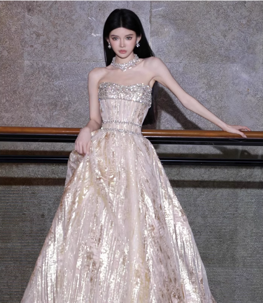 Gorgeous Champagne Gold Strapless A-Line Beaded Tulle Long Classy Prom Dress