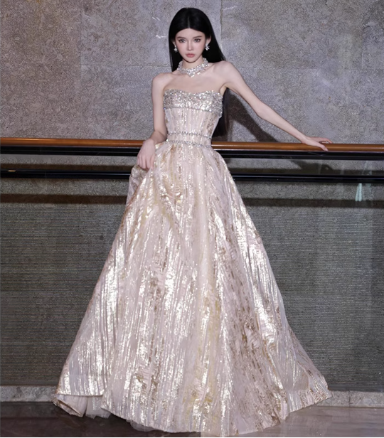 Gorgeous Champagne Gold Strapless A-Line Beaded Tulle Long Classy Prom Dress Main image